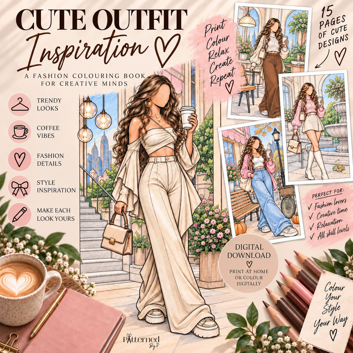 Fashion Outfits Coffee Days: 15-Page Digital Colouring Book (Printable)