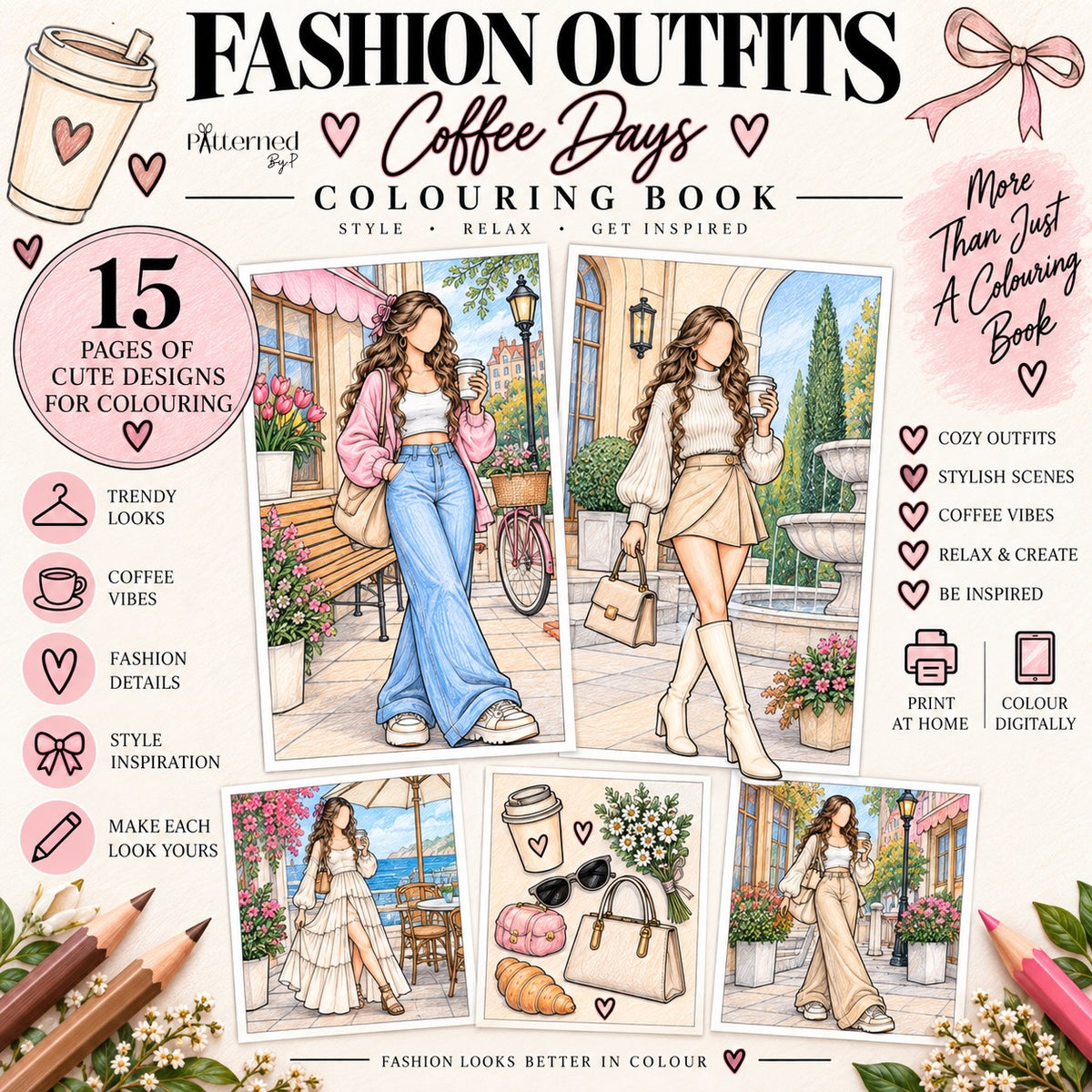 Fashion Outfits Coffee Days: 15-Page Digital Colouring Book (Printable)