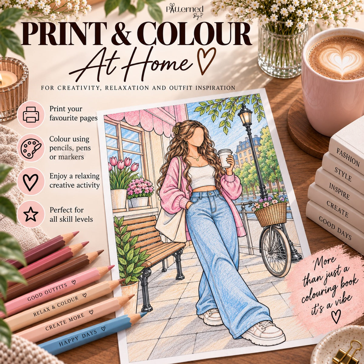 Fashion Outfits Coffee Days: 15-Page Digital Colouring Book (Printable)