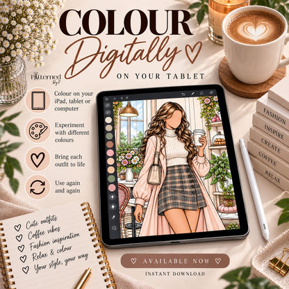 Fashion Outfits Coffee Days: 15-Page Digital Colouring Book (Printable)